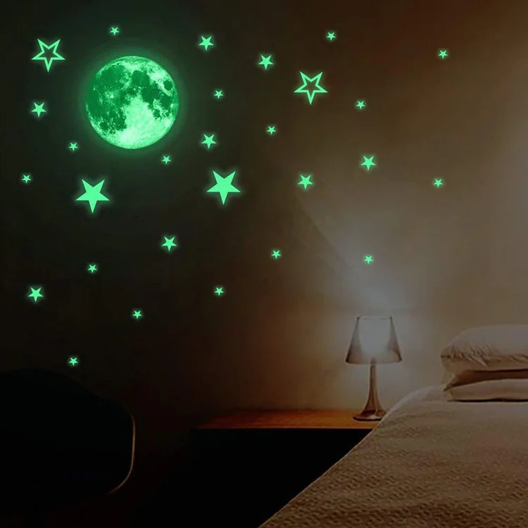 Leuchtende große Mond- und Stern-Wandaufkleber, Kinderzimmer-Hintergrunddekoration, Wohnzimmer-Heimdekoration, im Dunkeln leuchtendes Wandbild – Detail 5