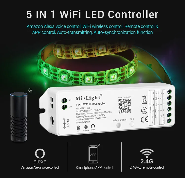 

Miboxer WL5 5 IN 1 WiFi LED Controller DC12~24V 15A Mi Light WiFi Control for 3528 5050 CCT DIM RGB RGBW RGB+CCT LED Strip light