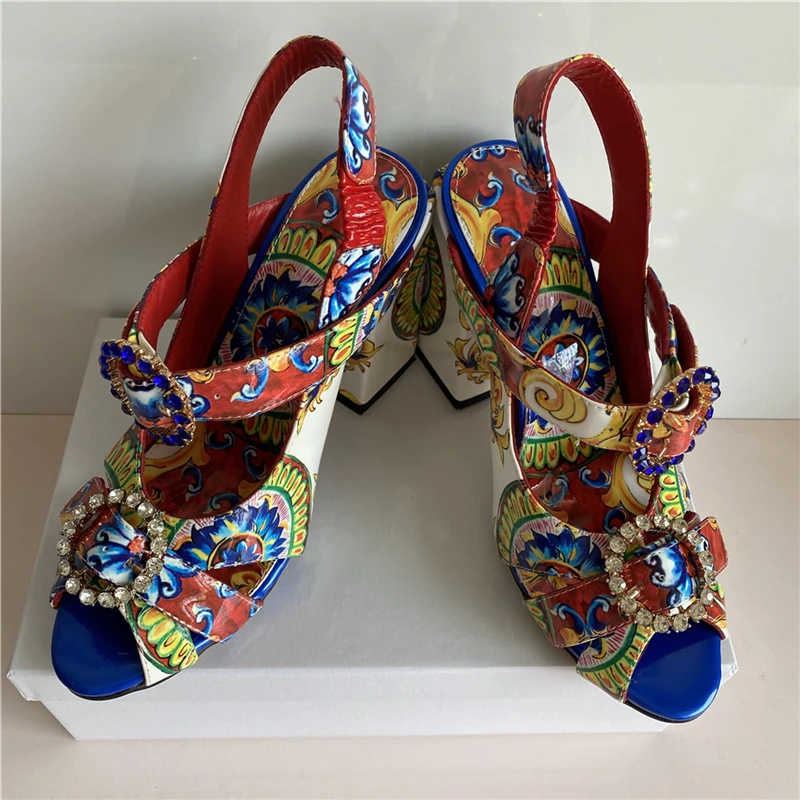 Exotic Summer 2024 Printed Color Sandals Women Ankle Strap Sexy Open Toe Square Heel Rhinestone Buckle Banquet Shoes Woman