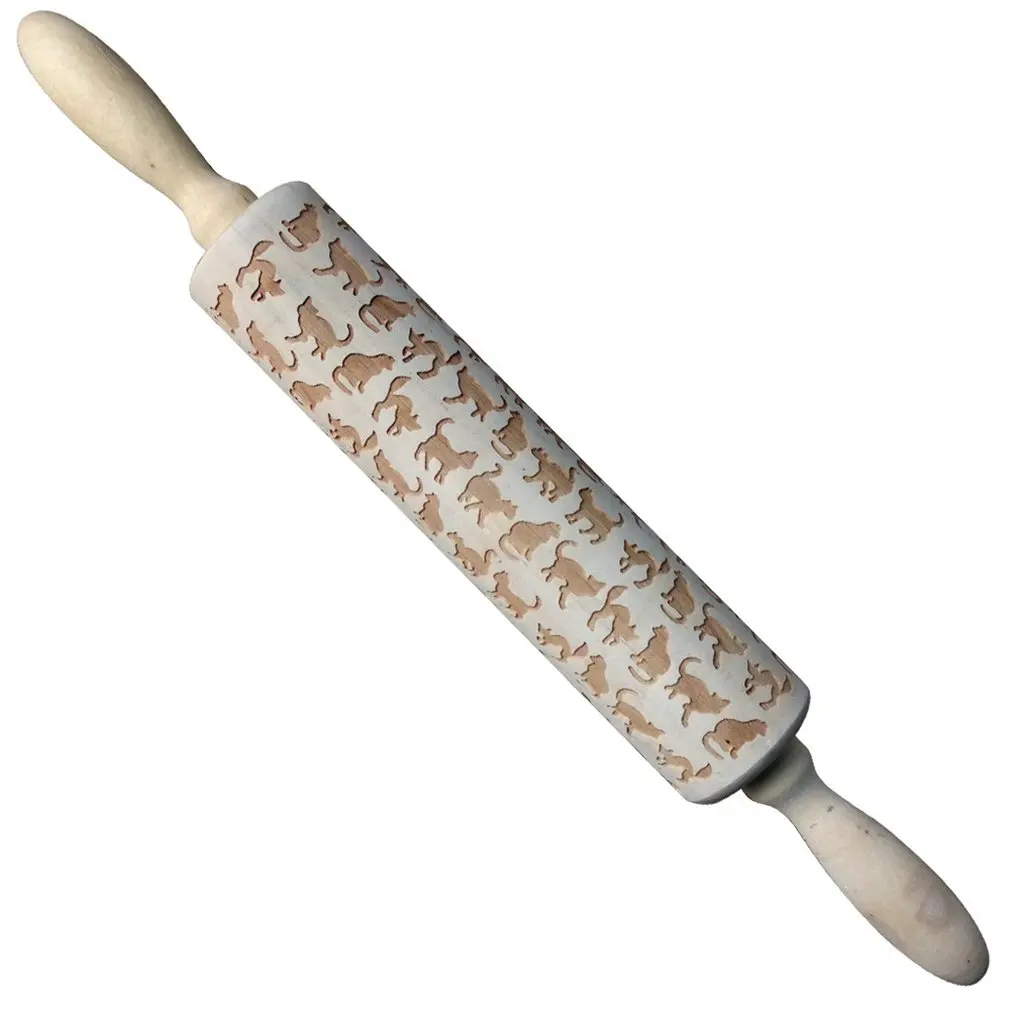 Christmas Wooden Rolling Pins Cats Engraved Embossing Rolling Pin with Christmas Symbols Kitchen Baking Tool