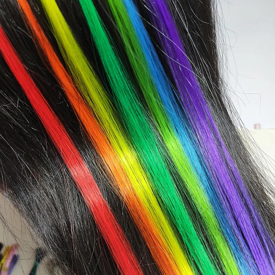 Hebras sintéticas de extensiones de cabello para mujer, postizo falso de punta en I, accesorios coloridos de Kanekalon sin Clips, color rosa, 2021