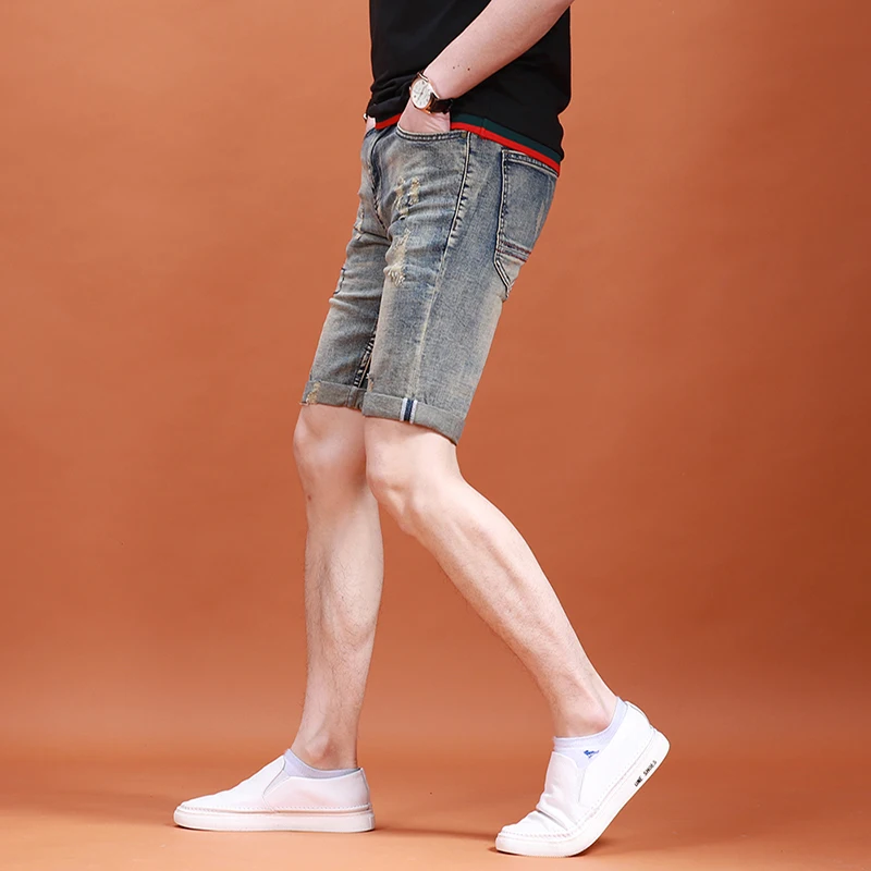 Men's Vintage Blue Ripped Short Jeans Fashion Geometric Embroidery Casual Streetwear Straight Denim Shorts