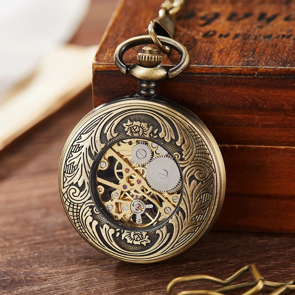 Retro Bronze Train Steampunk Mechanical Pocket Watch Metal Pendent Chain Classic Hand-Wind Vintage Pocket Fob Filp Watches Men