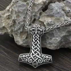 Antiquing Men Norse Viking Amulet Large Thor Hammer Mjolnir Odin Raven face Irish Knot Pendant Necklace with Gift Bag