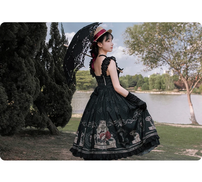 Gothic Vintage Ngọt Ngào Lolita Đầm Falbala Nơ Cao Cấp In Victoria Đầm Kawaii Cô Gái Gothic Lolita Jsk Loli Cosplay