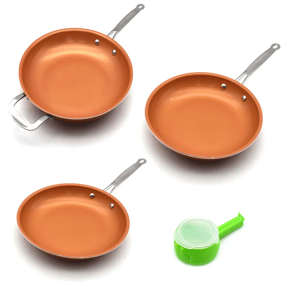 A Set 8/10/12 inch Non-stick Copper Frying Pan with Ceramic Coating and Induction cooking+1 pc Utility Healthy Food