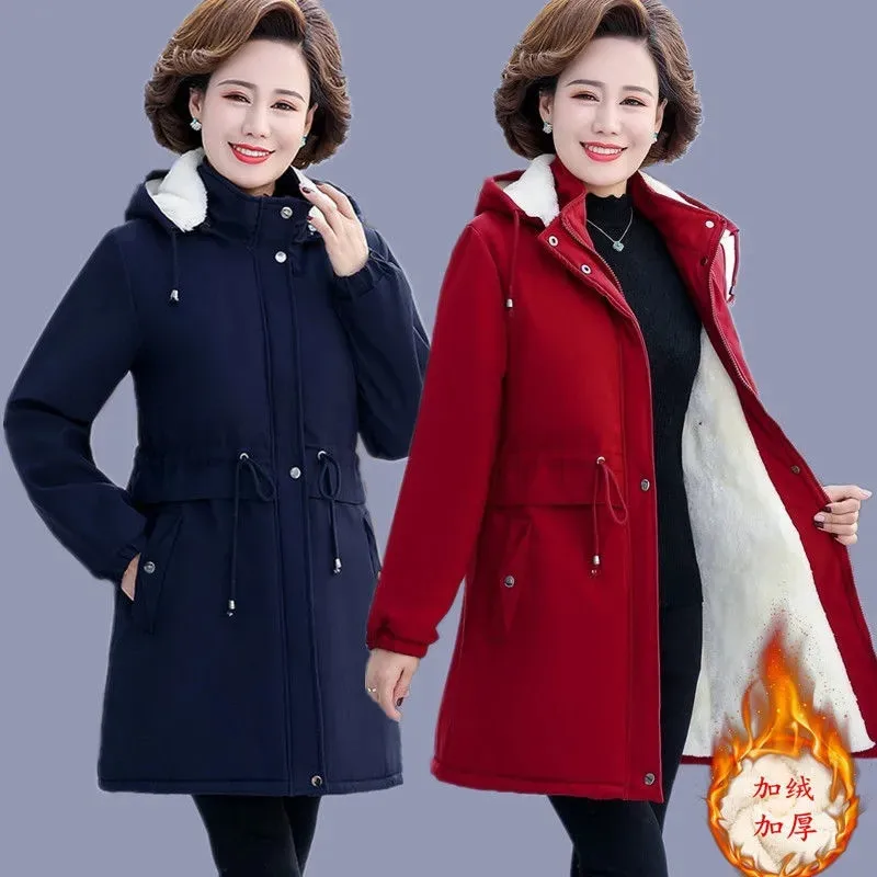 Middle Aged Women Add Velvet Cotton Jacket New Fashion Hooded Parkas Warm Female Winter Jacket Cotton Padded Coat Outerwear 5XL