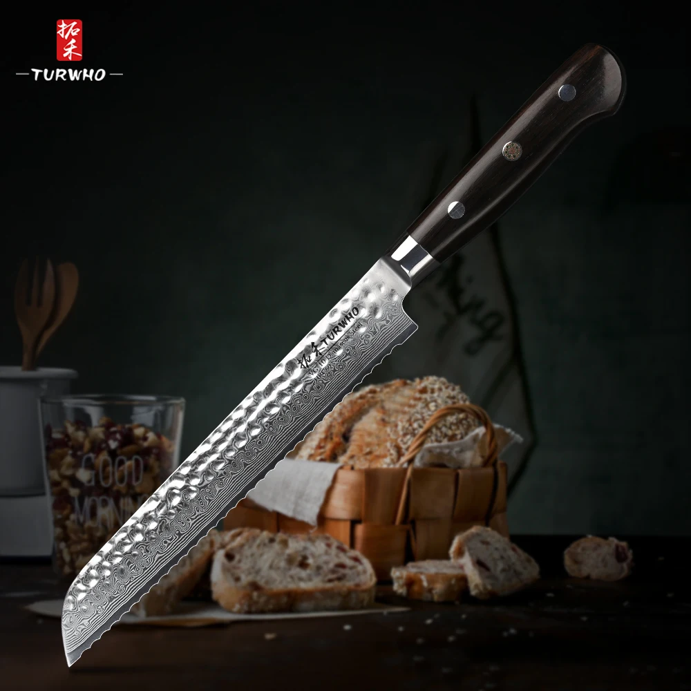 

TURWHO Kitchen Bread Knife Serrated Design Laser Damascus Stainless Steel Blade 8 inch Chef Knives Bread Cheese Cake Cutter Tool