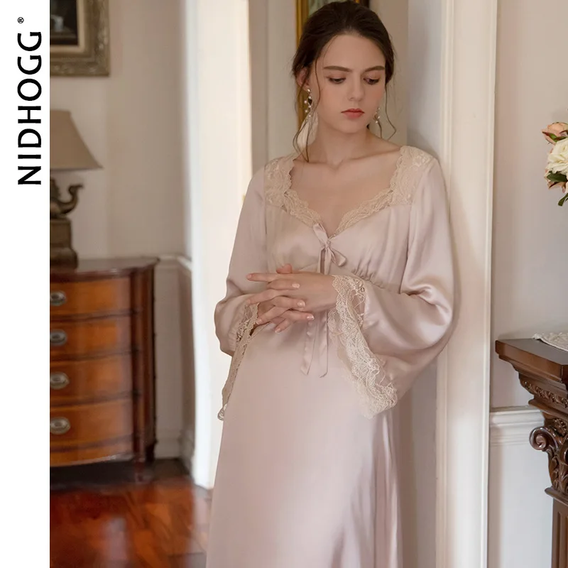 Autumn Thin Court Dress Long-sleeved Silk Sexy Sleepwear V-Neck Vintage Nightgowns Pink Long Sleeping Skirt Satin Slip Dress