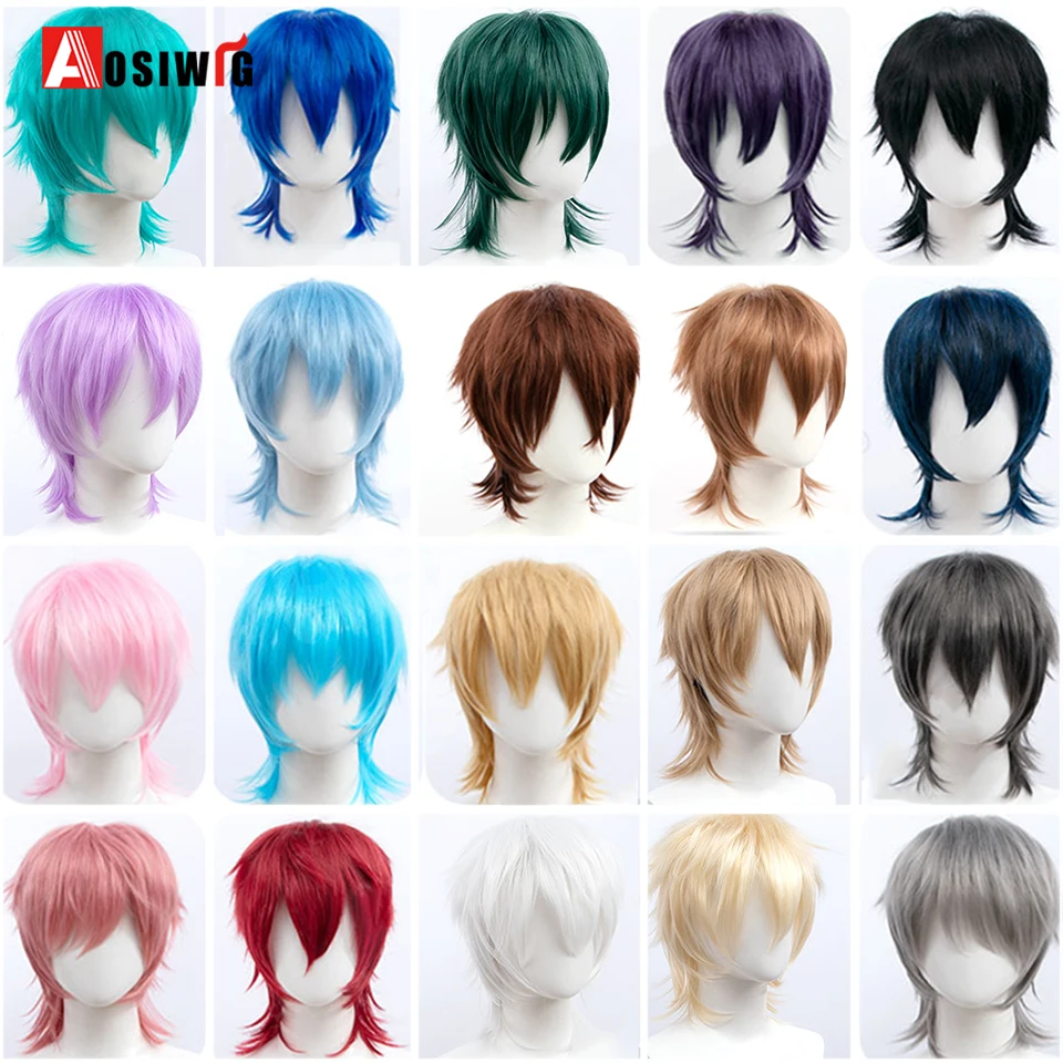 AOSIWIG Cosplay syntetyczna krótka puszysta prosta męska peruka Anime z grzywką naturalny różowy czerwony niebieski Halloween Harajuku Anime fryzura