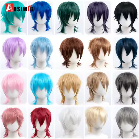 AOSIWIG Cosplay Synthetic Short Fluffy Straight Men Anime Wig with Bangs Natural Pink Red Blue Halloween Harajuku Anime Hairsty