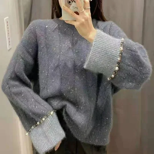 

2023 Spring And Autumn New Net Red Celebrity Heavy Industry Beaded Soft Waxy Sweater Pullover Thick Sweater Coat Lazy Wind