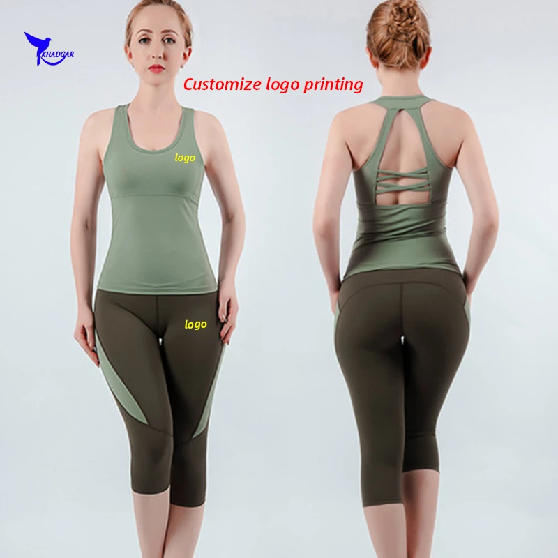 Padded Tank Top+Capris Pants 2PCS Yoga Running Set Quick Dry Elastic Sportswear Sport Suit Gym Fitness Exercise Clothes Custom