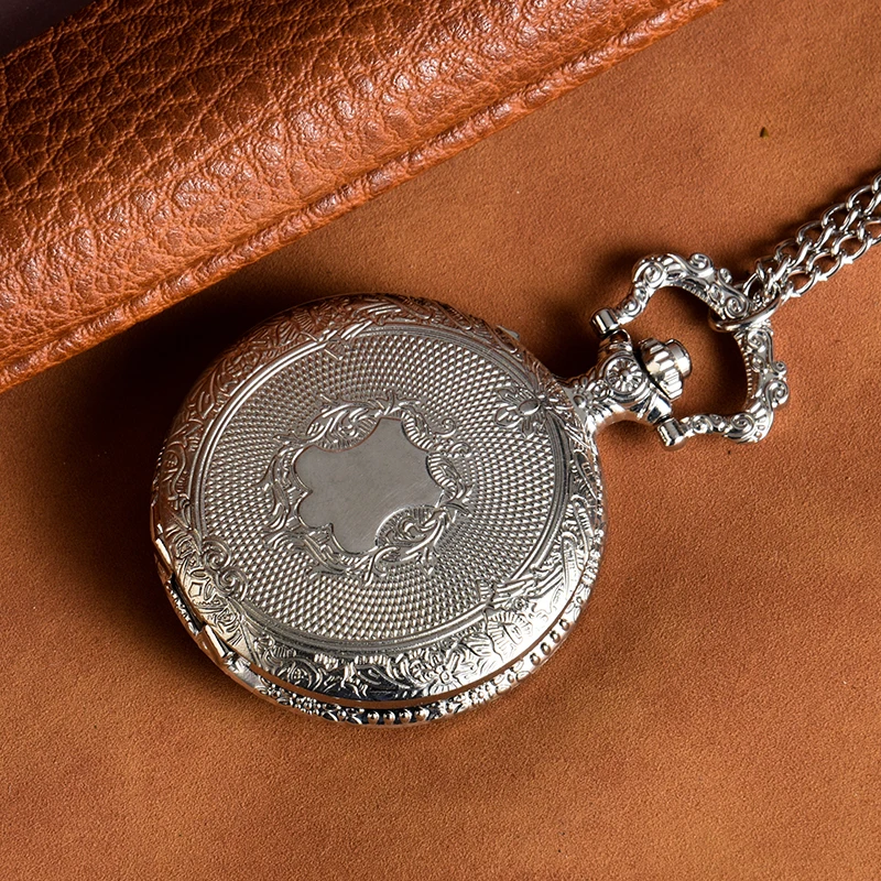 Large quartz flip shield pattern pocket watch Silver necklace pendant watch alloy pocket watch