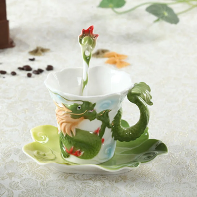 Dragon-Phoenix Coffee Mugs With Saucer Spoon 3D Handmade Porcelain Cups Hot Breakfast Tea Water Bottle Christmas Birthday Gift