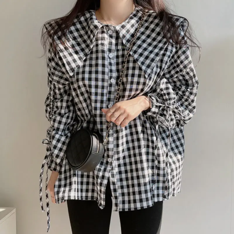 Shirts Women Plaid Peter Pan Collar Tops Design Clothing All-match Girls Lovely Puff-sleeve Korean Style Popular Tender Trendy