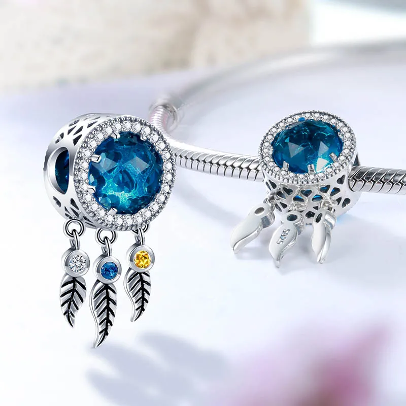 925 Sterling Silver Dreamcatcher Blue Stone Beads Fit Authentic European Charms Bracelet Diy Fine Jewelry Making for Women Gift