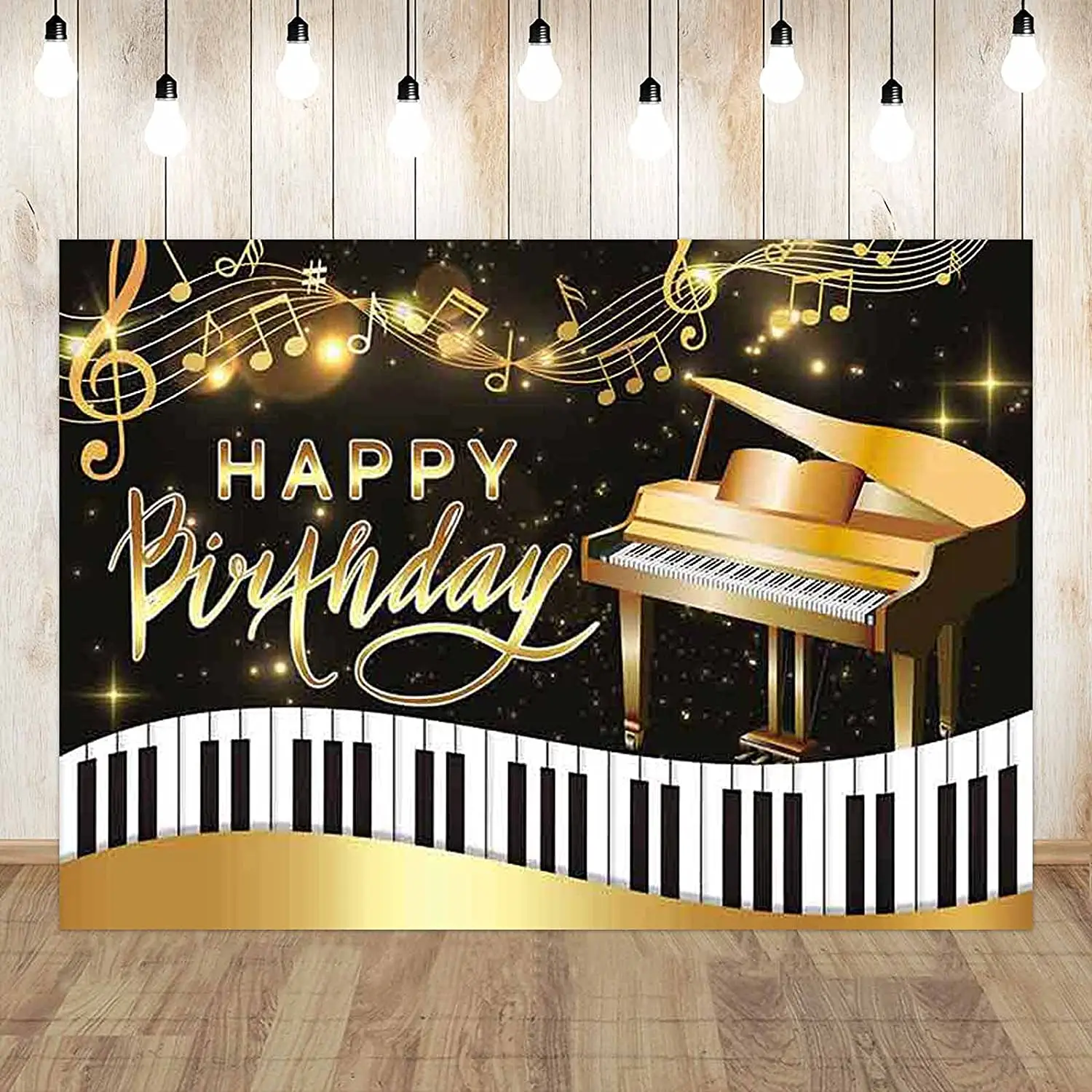 Piano Happy Birthday Photography Backdrop Musical Note Keys Black And Gold Background Bday Baby Shower Party Decor Poster