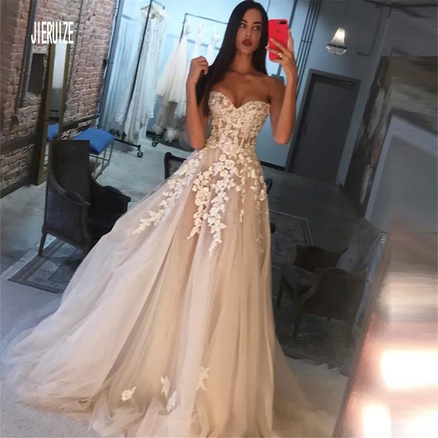 JIERUIZE Una linea di Sweetheart Abiti Da Sposa Fiori di Pizzo Su Indietro Tull Beach Boho Abiti Da Sposa Lungo abiti da mariée