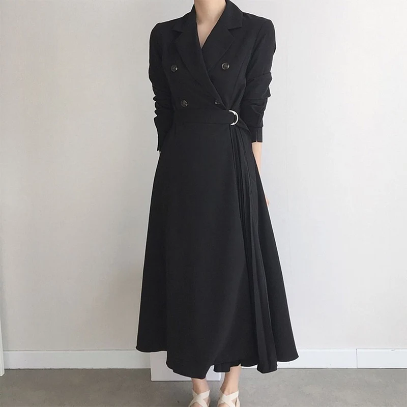 

Women Long Blazer Dresses With Belt Long Sleeve Notched Double Breasted Female Dress Nice Autumn Office Ladies Elegant Vestidos