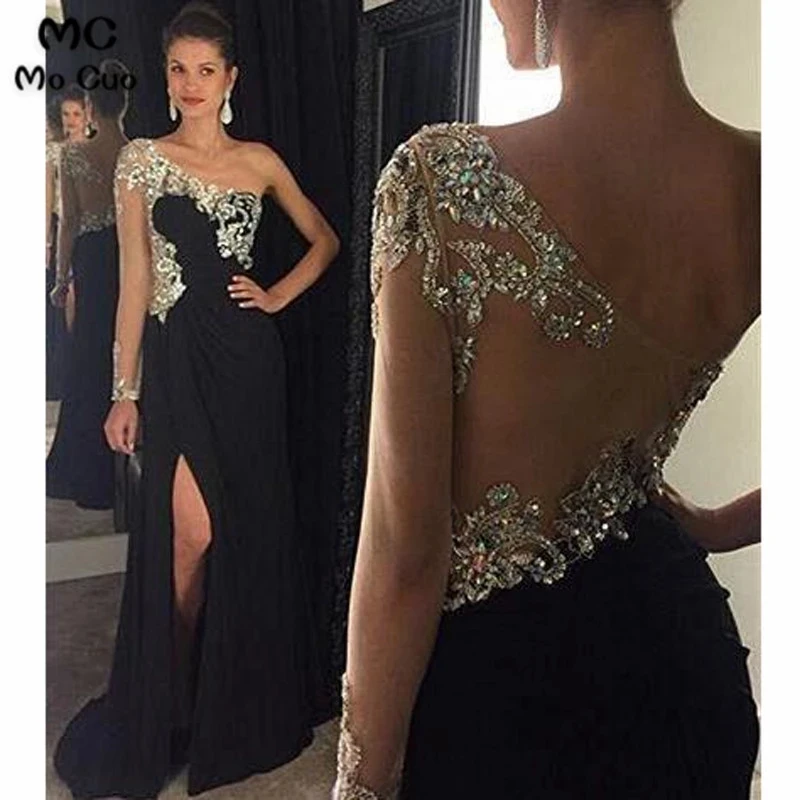 

Luxuries Black 2023 Prom Dresses Long Crystals Beaded Illusion Back Evening Party Dress Chiffon Women's Prom Dress