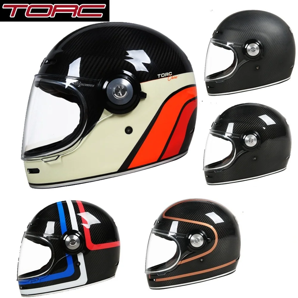 

1PCS TORC Full Face Carbon Fiber ECE Transparent Glass Retro Vintage Style Ultralight Helmet Motocross Scooter Motorcycle Helmet