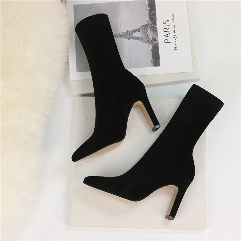 2023 Winter New Comfortable Women Sock Boots Square High Heels Suede Ankle Boots Fashion Pointed Toe Fall Stretch Shoes Big Size