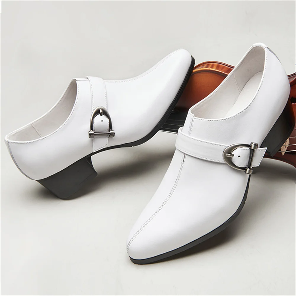 Luxury Buckle Genuine Leather Dress Shoes For Men Pointed Toe High Heels Business Office Work White Size 37-44