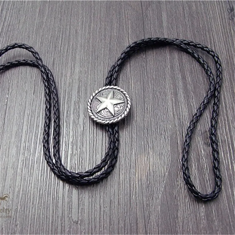 Bolo tie Gold and silver color The latest retro chain Pentagram round card Poirot tie rope leather necklace Long tie hang