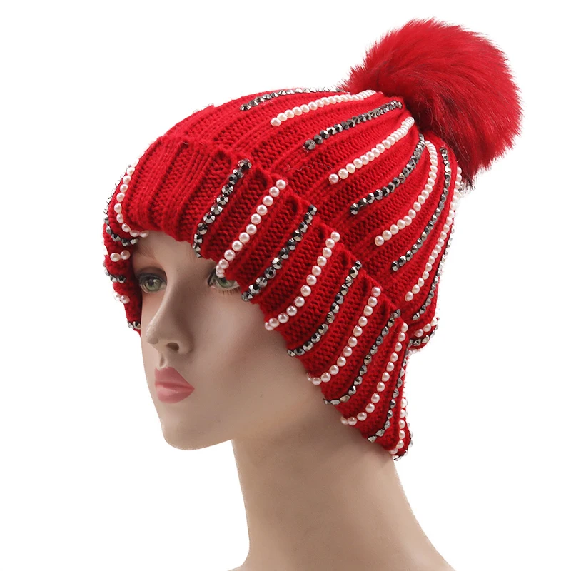 Brand luxury Women\'s Pom Pom Pearl Beanie Hat Spring Casual Polyester Shine Rhinestones Beanies For Women Skull Hats Bonnet Cap