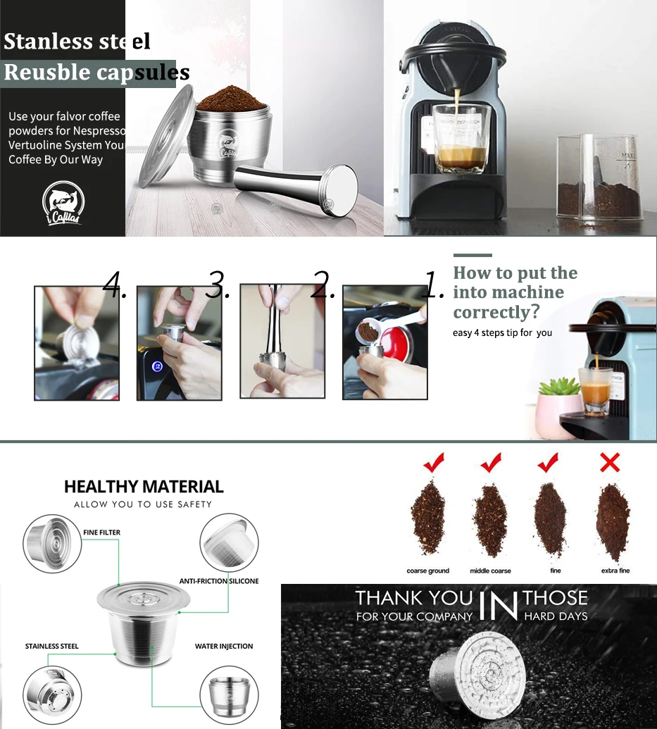 iCafilas For Nespresso Refillable Capsule Reutilizable Stainless Steel Reusable Capsules Coffee Filter Pod Coffee Tamper Spoon