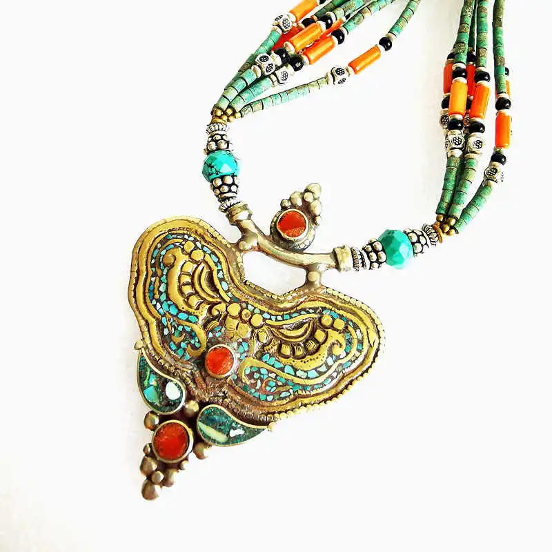 Handmade Vintage Necklace Tibetan Ethnic Fashion Jewelry Brass inlaid Colorful Stone With Big Pendant TNL198