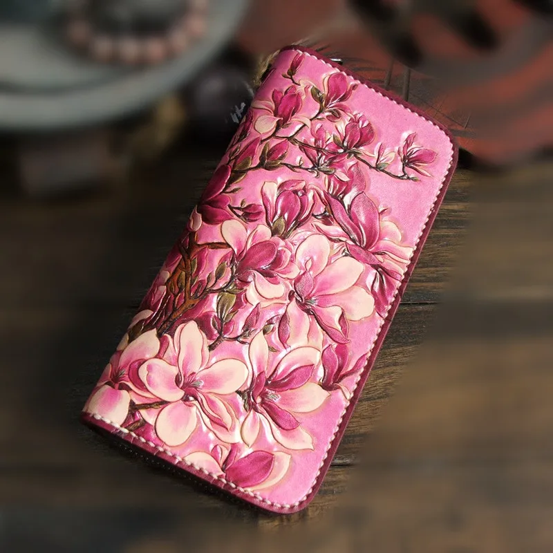 

Handmade Women Genuine Leather Wallets Pink Flower Purses Long Clutch Vegetable Tanned Leather Wallet Card Holder