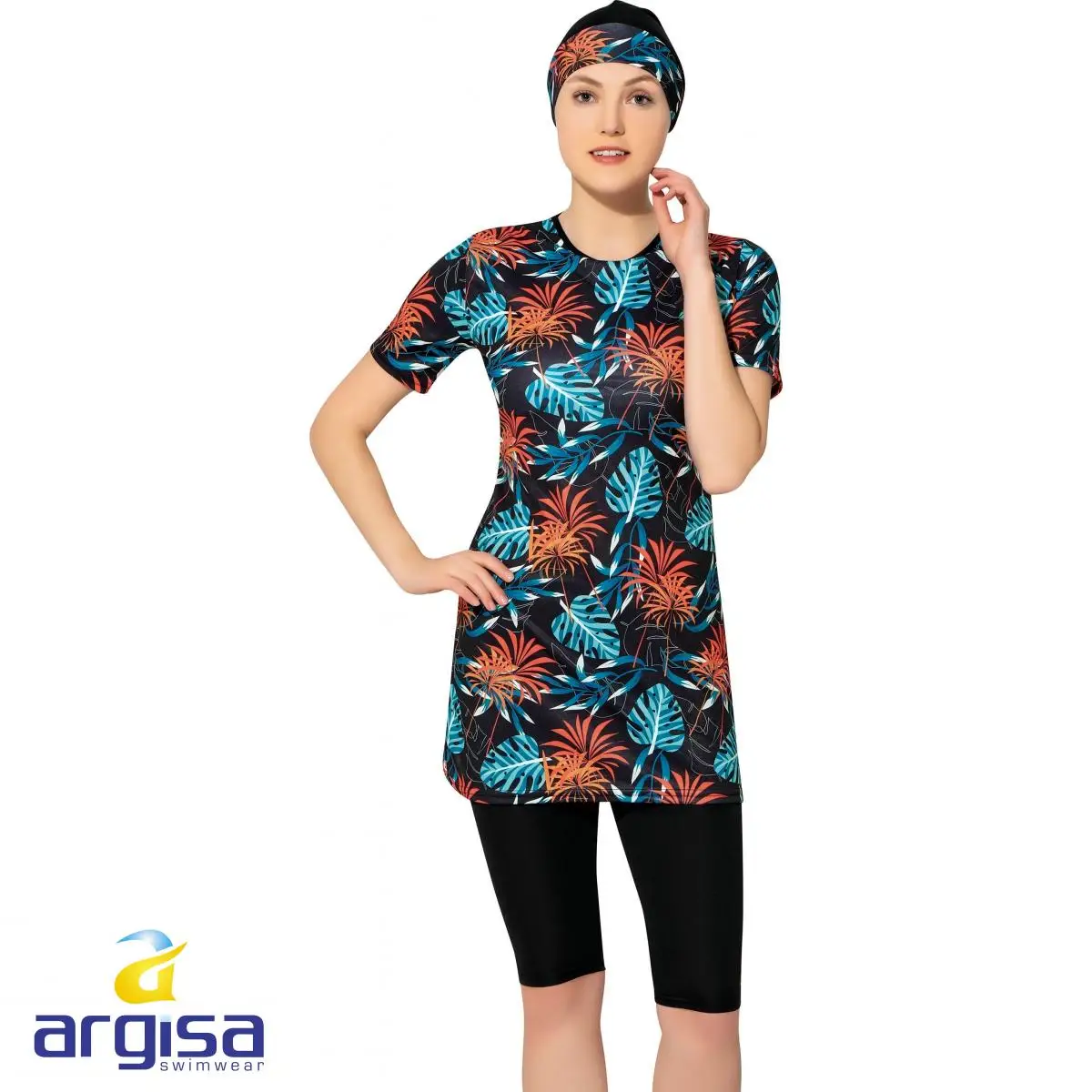 Argisa 7830 Mezza Manica Foglia Patterned Semi Burkini Abbigliamento Spiaggia Per Musulmani 38-52 più il Formato Hijab Islamico Costume Da Bagno di