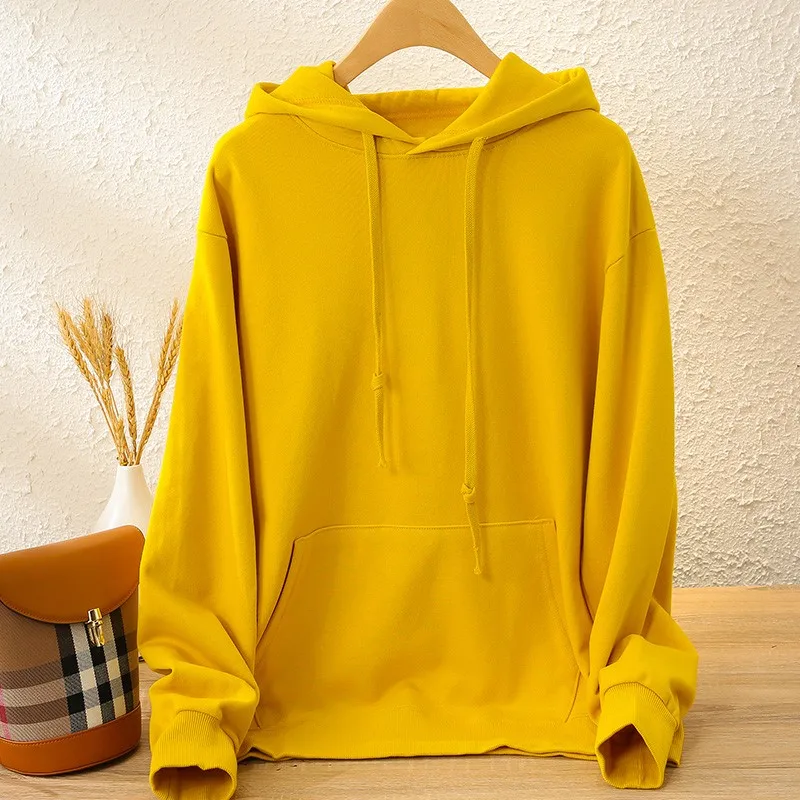 Preppy Style Solid Color Hooded Sweatshirt Women Spring Autumn Casual Run Cotton Terry Coat Sisters Loose Long Sleeve Pullover