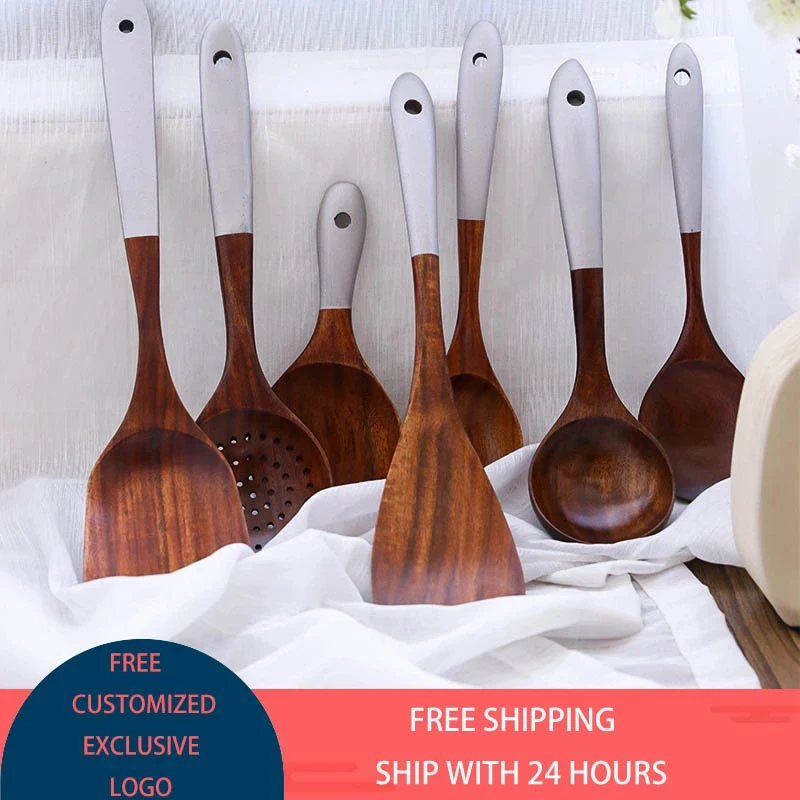 Solid Wood Spoon Cooking Tool Set Wooden Kitchenware No Paint Non-Stick Pot Teak Spatula Rice Scoop Protection Tableware Kitchen