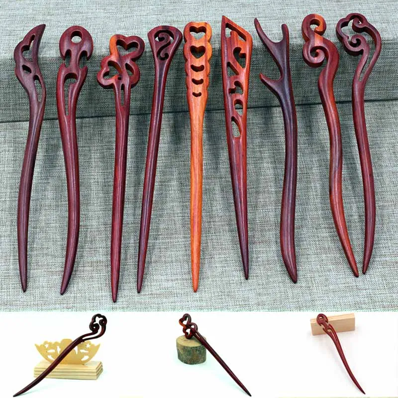 1Pc Red Sandalwood Hair Pins and Clips Wooden Hair Sticks Forks Hand Carved Hairpins Headpiece Women Headwear Hair Accessories