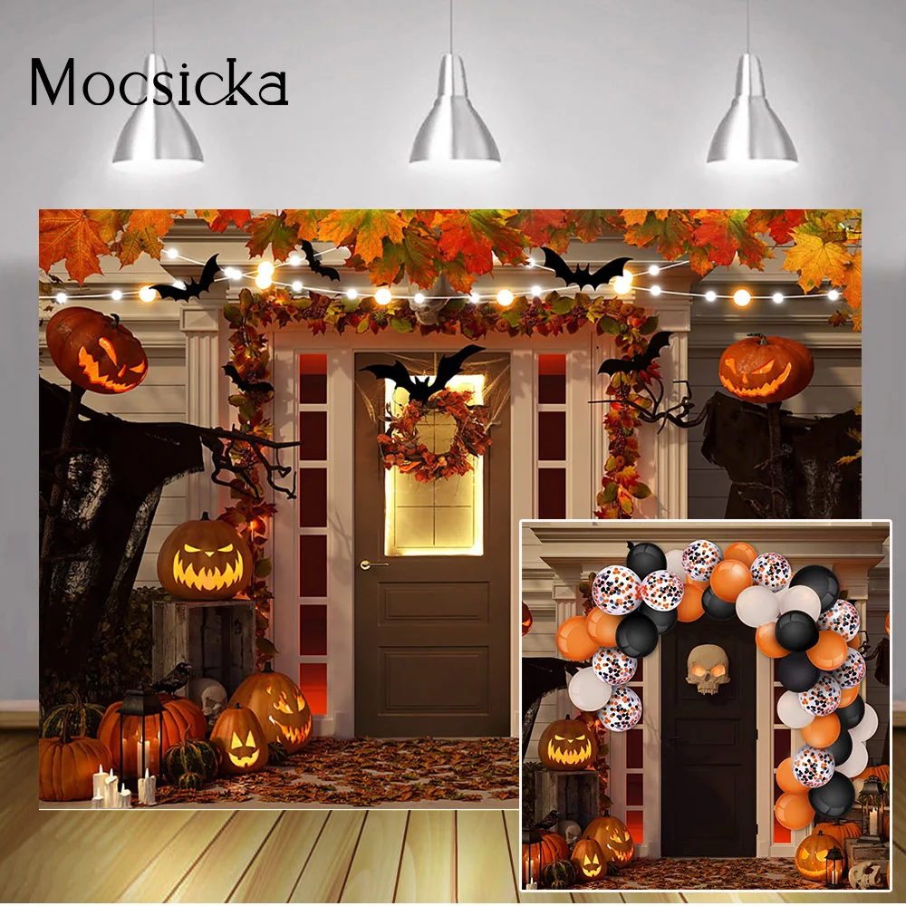 

Halloween Pumpkin Lantern Backdrop Decorations Candle Maple Leaf Birthday Portrait Background Bat Skull Wooden House Photography