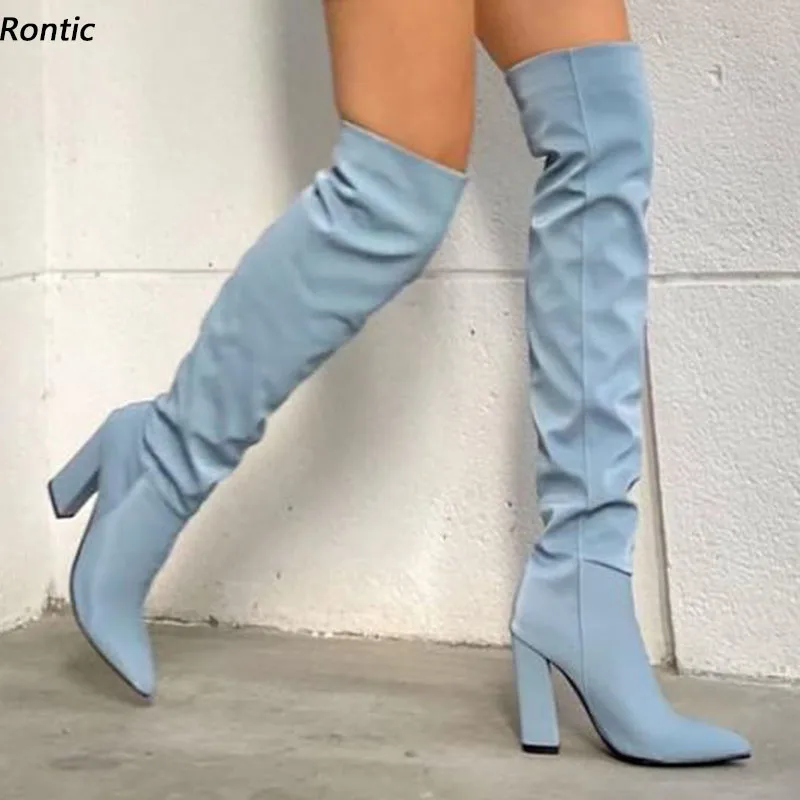 

Rontic New Fashion Women Spring Over The Knee Boots Satin Chunky Heels Pointed Toe Beautiful Light Blue Party Shoes US Size 5-15