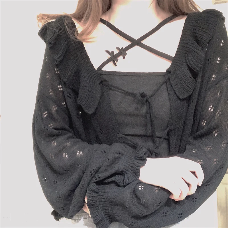 Vintage Hollow Black Knit Sweater Women Summer Cardigan Bandage Knitwear Kimono Female Korean Fashion Cover Up Pink Crop Tops