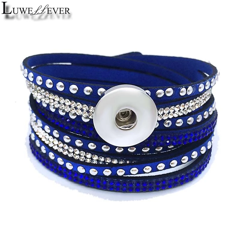 New Interchangeable Crystal 189 Rhinestones Velvet Leather Bracelet 18mm Snap Button Jewelry Charm Bangle For Women Gift 39cm