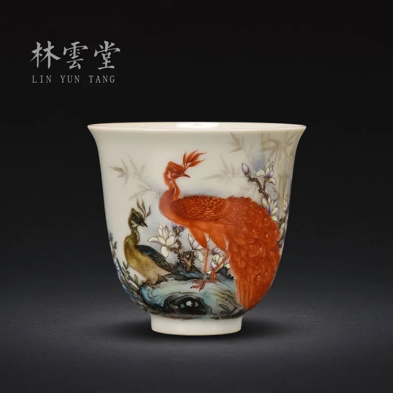 Lin Yuntang hand painted peacock pine powder Master Cup single cup Jingdezhen handmade ceramic kungfu tea cup