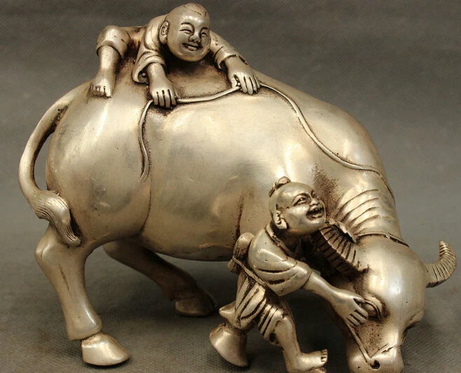 

wholesale factory 8" Folk Chinese Silver 2 Child Cowboy Shepherd Boy Statue On Bull Ox Sculpture 25% off