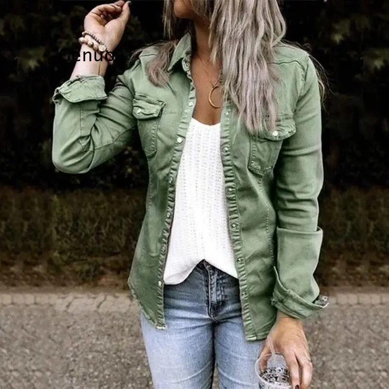 Spring Summer New Solid Color Denim Coats Women Female Lapel Buttons Thin Jackets with Pockets Fashion Casual Streetwear