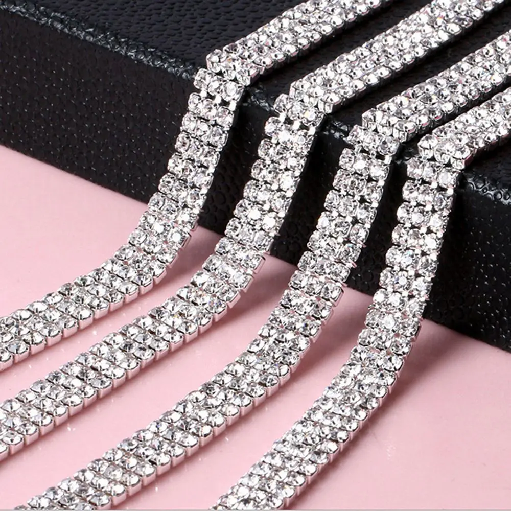 1/2/3-row 1Yard Silver Crystal Rhinestones Chain Flatback Silver Claw Rhinestone Trim Crystal for DIY Handcraft Sewing Applique