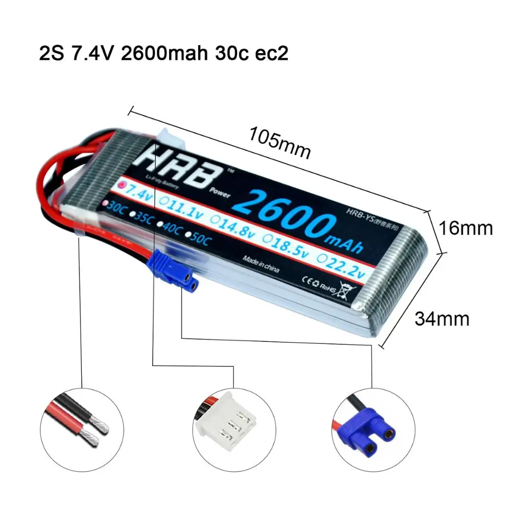 Аккумулятор HRB Lipo 2s 3S 4s 1300mah 1500mah 1800mah 2200mah 2600mah для радиоуправляемого дрона Hubsan H501S вертолет Радиоуправляемый автомобиль грузовик танки лодка