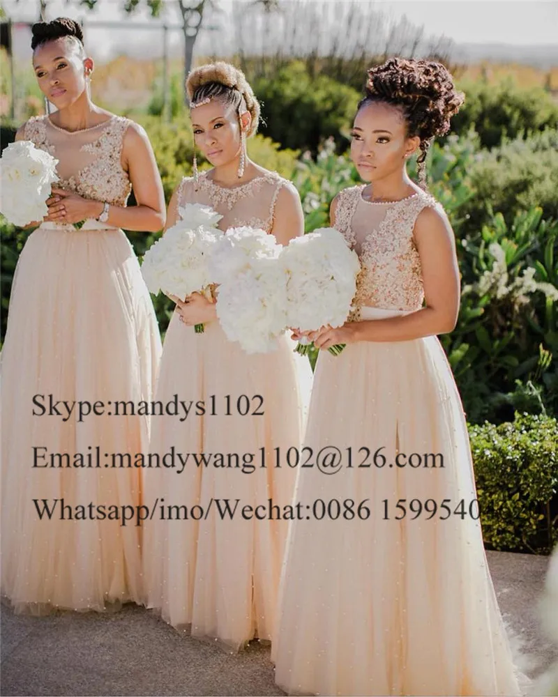 Champagne Tull Bridesmaid Dresses 2022 Elegant Appliques Lace African Wedding Party Dress For Women Pearls Long Vestido de festa