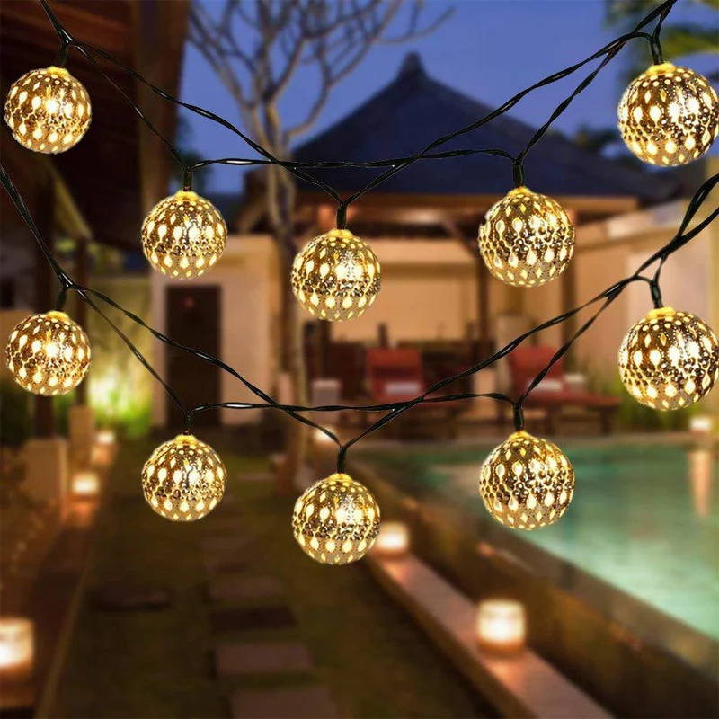 Waterproof Projection 20 LEDs Fairy Light Solar Powered Moroccan Lantern Metal Globe String Lamp for Outdoor Christmas Tree