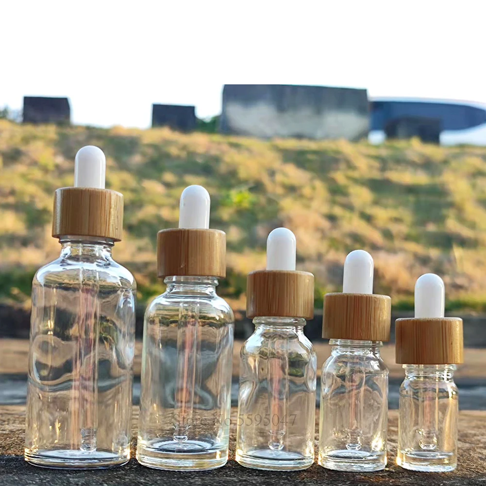 5ml - 50ml 10pcs Clear Dropper Bottle With Bamboo Lid Empty Glass Essential Oils Bottle With Pipettes Serum Bottle for Perfume