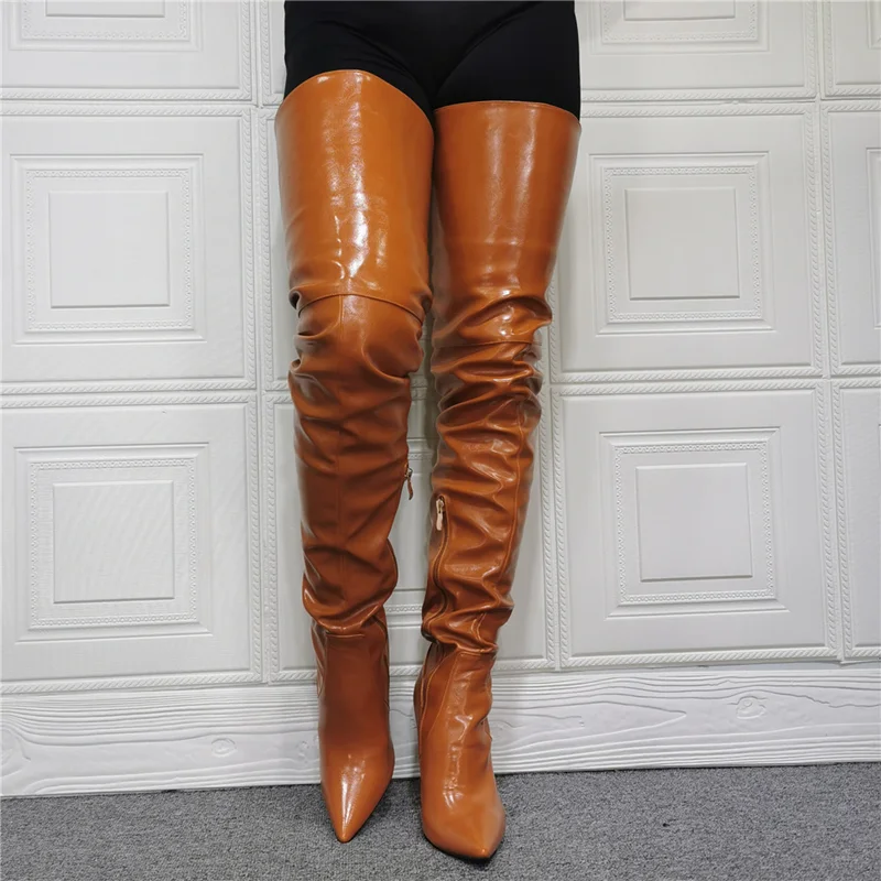 Custom Big Size 47 Brown Long Thigh High Boots Women Shoes Winter Pointy Toe Chunky High Heel Fashion Shoes Boots